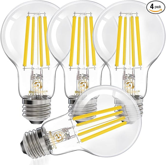 Energetic Dimmable A19 LED Edison Light Bulb, 12W Equivalent 100W, 1600LM High Brightness, 5000K Daylight, Clear Antique LED Filament Bulb for Home, Bathroom, E26 Standard Base, 4-Pack