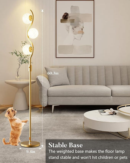 60IN Dimmable Gold Standing Lamps, Ice Crystal Modern Floor Lamp with 3000K G9 Bulbs Included, Mid Century Vintage Globe Floor Lamp for Living Room