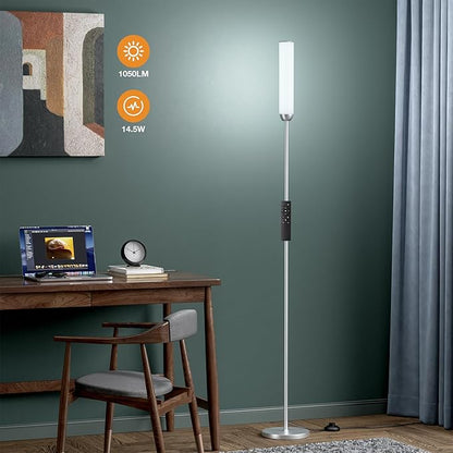 Ambimall LED Floor Lamp with Remote Control, 65" Standing lamp with Stepless Adjustable 3000K-6500K Colors & 30-100% Brightness, Foot Switch(Silver)