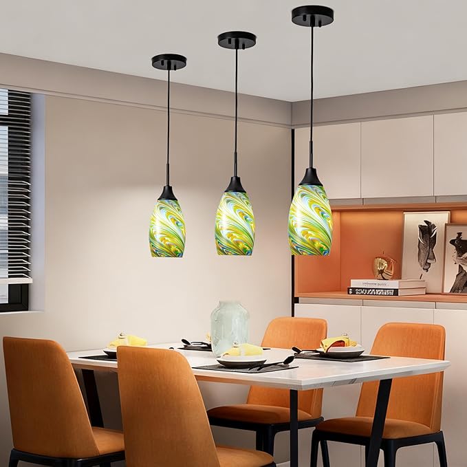 Mini Glass Pendant Light 4.72" Colorful Pattern Oval Pendant Lights 1-Pack Handblown Art Glass Hanging Pendant Light for Kitchen Island Dining Room Living Hallway Matte Black Metal