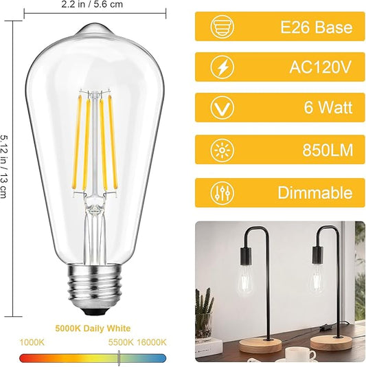 Svater Vintage LED Edison Bulbs 60W Equivalent, 6W ST58 5000K Daylight White Antique LED Filament Bulbs, E26 Medium Base, Clear Glass Style for Home and Commercial, Dimmable, 850 LM, 12 Pack