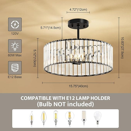 Modern Black Semi Flush Mount Ceiling Light Crystal 3-Light Light Fixture 15.75 Inch Kitchen Ceiling Lighting for Living Room Bedroom Dining Room Bathroom Entryway(Bulb Not Included)