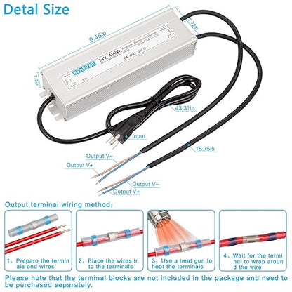 LED Driver 24V400W Waterproof Power Supply AC90-130V to DC24V16.7A Low Voltage Transformer IP67 Converter Suitable for Indoor and Outdoor LED Lighting and Any 24V DC LED