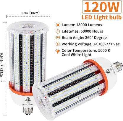 1200W Equivalent Led Corn light bulbs,18000 Lumen LED Corn Bulb 120W 5000K Daylight White Lamp,E26/E39 Medium Mogul Base,2-Pack Large Area Lights For Outdoor Indoor Warehouse Garage High Bay Lighting