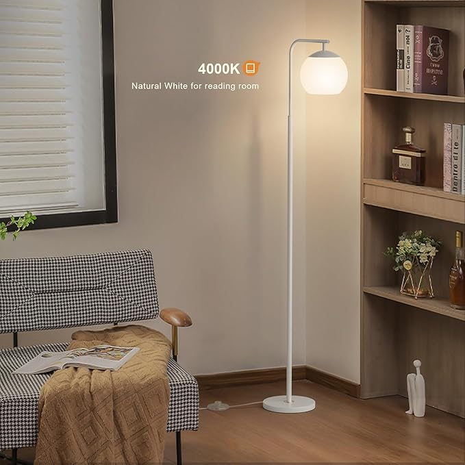 Modern Floor Lamps with Globe Shade, 3 Color Temperatures, Foot Switch, Mid Century Standing Lamp Tall for Bedroom, Living Room, Office, White