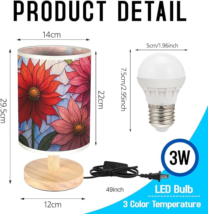Dahlia Flower Table Lamp LED 3-Color Pressed Bedside, Dahlia Flower Shade Lamp with Wood Base for Bedroom Living Room Desk Office