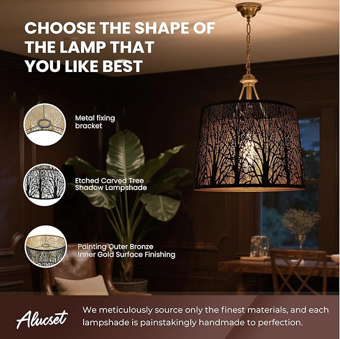 ALUCSET Large Drum Lamp Shade for Table Lamps, 12" Top x14" Bottom x 10" High, Metal Lampshade Black and Gold Replacement for Floor Lamps and Bedside Lamp, Etched Forest UNO Fitter