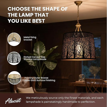 ALUCSET Large Drum Lamp Shade for Table Lamps, 12" Top x14" Bottom x 10" High, Metal Lampshade Black and Gold Replacement for Floor Lamps and Bedside Lamp, Etched Forest UNO Fitter