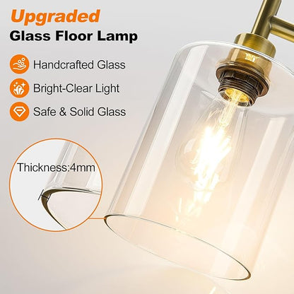 【Upgraded】Dimmable Floor Lamp for Living Room with Clear Glass Lampshade, Brass Modern Floor Lamp with 900LM Edison Bulb Included, Bright Standing Tall Lamp for Bedroom, Office, Reading Room, Corner