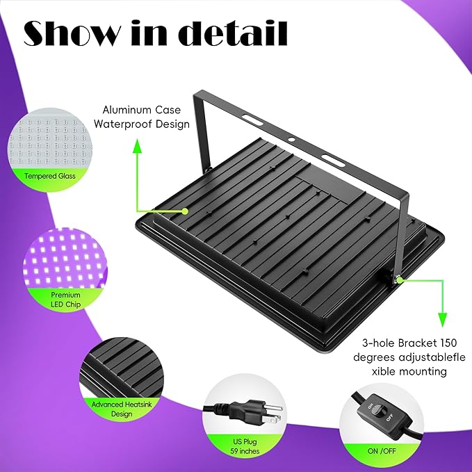 400W LED Black Flood Lights 2 Pack, Blacklight with Plug, Outdoor Black Lights for Glow Party, Neon Glow, Halloween, Body Painting, Fluorescent Painting and Tapestry Aquarium
