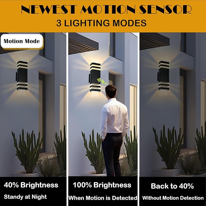 Motion Sensor Outdoor Wall Lights with 3 Lighting Modes, Dusk to Dawn Porch Light with Bulbs Include, IP65 Waterproof Modern Black Wall Sconce for Patio, Garage, Front Door