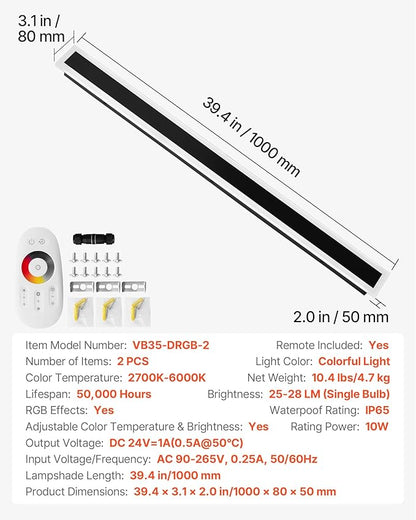 VEVOR Outdoor Wall Lights, 2 Pack, 39.4 Inch Long RGB Modern Exterior Wall Sconce Light Fixtures, 2700K-6000K, IP65 Waterproof Anti-Rust, Dimmable Outside Wall Mount Lighting, for House Porch Garage