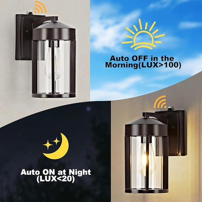Dusk to Dawn Outdoor Wall Lights Fixture with Photocell Sensor, Modern Geometric Industrial Coffee-Bronze Exterior Wall Sconce, Waterproof Anti-Rust Porch Light for House Patio Entryway Garage(2 Pack)