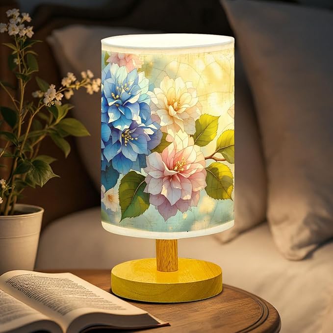 Hydrangea Table Lamp LED 3-Color Pressed Bedside, Hydrangea Shade Lamp with Wood Base for Bedroom Living Room Desk Office