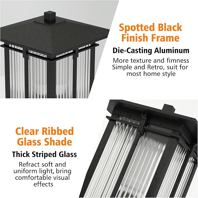 Modern Outdoor Post Light, Aluminum Lamp Post Light Fixture with Ribbed Glass, Soptted Black Outside Pole Lighting with 3-Inch Pier Mount Base for Yard Porch Pathway (15.8''H, 1 pc)
