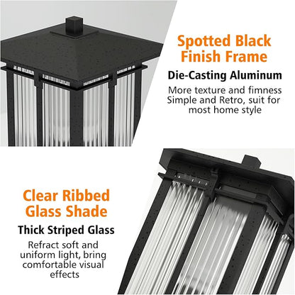 Modern Outdoor Post Light, Aluminum Lamp Post Light Fixture with Ribbed Glass, Soptted Black Outside Pole Lighting with 3-Inch Pier Mount Base for Yard Porch Pathway (14.2''H, 1 pc)