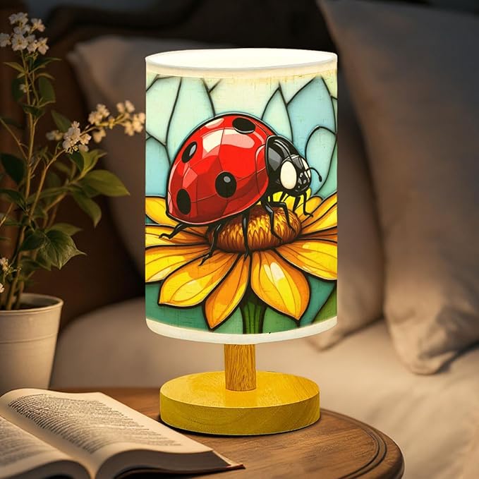 Ladybug Flower Table Lamp LED 3-Color Pressed Bedside, Ladybug Flower Shade Lamp with Wood Base for Bedroom Living Room Desk Office TL01