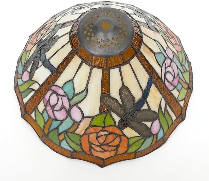 Tiffany Style Lamp Shade, 12 Inch Dragonfly Roses Stained Glass Lamp Shade Replacement Vintage Lamp Cover Accessories Fit for Table Lamp Pendant Light Ceiling Light