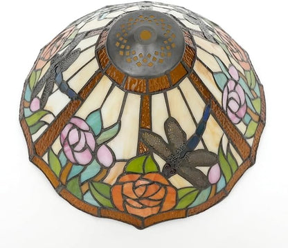 Tiffany Style Lamp Shade, 12 Inch Dragonfly Roses Stained Glass Lamp Shade Replacement Vintage Lamp Cover Accessories Fit for Table Lamp Pendant Light Ceiling Light