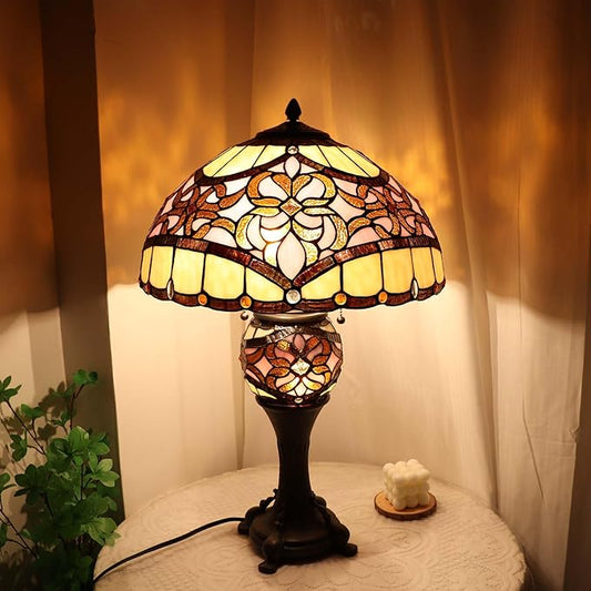 Bieye L10912 Baroque Tiffany Style Stained Glass Table Lamp Lighted Base for Living Room Bedside Home Decoration (Pink, 16-inch)