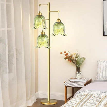 Gold Floor Lamp for Living Room,Bedroom,Tree 3 Light Standing Lamp Mid Century Modern Brass Tall Floor Lamps Vintage Retro Floor Lights Green Glass Flower Lamp Shade Farmhouse Boho Bohemian