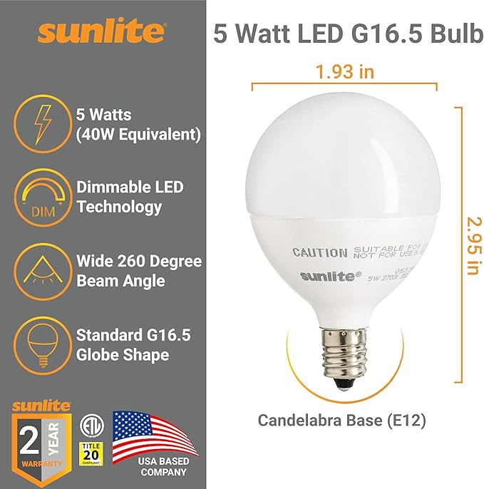 Sunlite LED G16.5 Light Bulb, 5 Watts (40W Equivalent), 350 Lumens, 90 CRI, Candelabra Base (E12), Frost, Dimmable, Title-20 Compliant, ETL Listed, 3000K Warm White, 6 Pack
