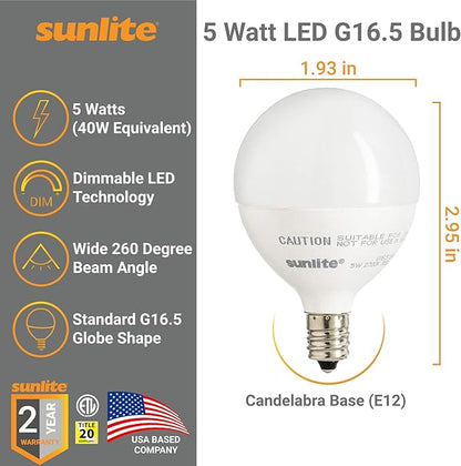 Sunlite LED G16.5 Light Bulb, 5 Watts (40W Equivalent), 350 Lumens, 90 CRI, Candelabra Base (E12), Frost, Dimmable, Title-20 Compliant, ETL Listed, 3000K Warm White, 6 Pack