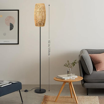 Floor Lamp for Living Room,Farmhouse Floor lamp,Modern Standing lamp with Hand-Worked Rattan Shade (Drum Rattan Shade Black Body Color-3 Color Bulb)