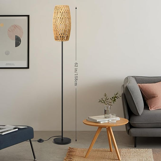 Floor Lamp for Living Room,Farmhouse Floor lamp,Modern Standing lamp with Hand-Worked Rattan Shade (Drum Rattan Shade Black Body Color-3 Color Bulb)