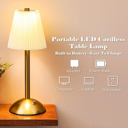Liliful 1 Pcs Cordless Table Lamp Rechargeable Touch LED Small Gold Portable Battery Operated USB-c Desk Lamp 3 Color Dimmable for Bedroom Living Room Dining (Gold,Beige Cloth Style)