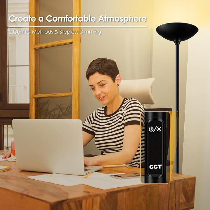 Stepless Dimmable Floor Lamp,30W 3000LM Super Bright LED Torchiere Floor Lamps with Remote & Touch Control,71 in Tall Modern Standing Lamp for Living Room Bedroom Office,2700k-6500k,Black