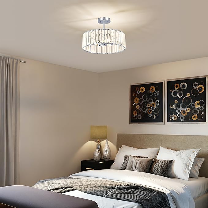 Crystal Chrome Semi Flush Mount Ceiling Light Modern Hallway Light Fixture Metal Close to Lamp for Kitchen Living Room Bathroom Entryway Bedroom(15.75 inch)