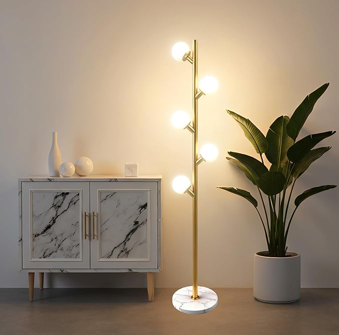 Fiqevs 5 Globe Floor Lamp for Living Room, Mid Century Modern Standing Lamp with Orb Frosted Glass Shade and 5 LED Bulbs, Elegant Tree Tall Lamp for Bedroom Office - Antique Brass/Gold