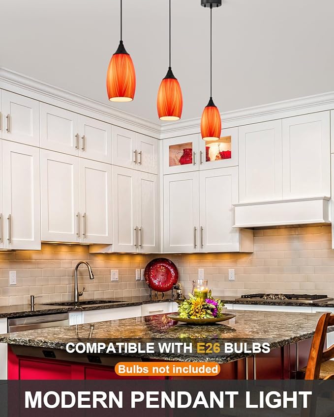 ANYLOVE Vintage Art Orange Pendant Lighting,3-Pack Hand Glass Hanging Light Fixture,Adjustable Cord for Kitchen,Hallway,Dining Room