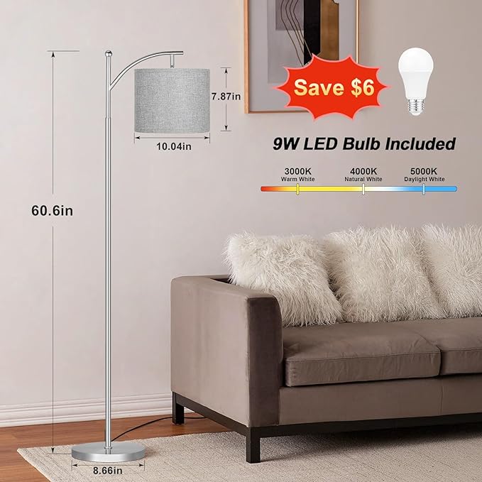 60" Floor Lamps for Living Room with 3 Color Temperatures, Adjustable Grey Shade with Silver Pole, Tall Lamps for Living Room Bedroom Office Classroom Dorm Room, 9W Bulb Included