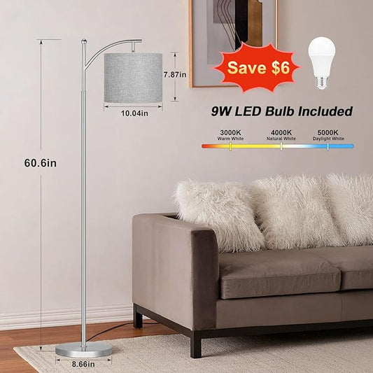 60" Floor Lamps for Living Room with 3 Color Temperatures, Adjustable Grey Shade with Silver Pole, Tall Lamps for Living Room Bedroom Office Classroom Dorm Room, 9W Bulb Included