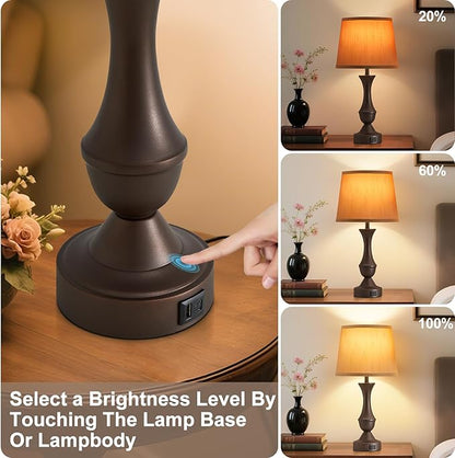 Luvkczc 22" Table Lamp Set of 2 - Farmhouse Vintage Brown Bedside Lamp with Brown Fabric Shade, Dimmable, USB C+A Ports, Nightstand Lamp for Living Room Bedroom (Bulb Included)