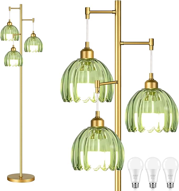 Glass Floor Lamp for Living Room,Bedroom,Gold Mid Century Modern Standing Lamp Brass Tree 3 Light Tall Floor Lamps Vintage Retro Floor Lights Green Flower Lamp Shade Farmhouse Boho Bohemian