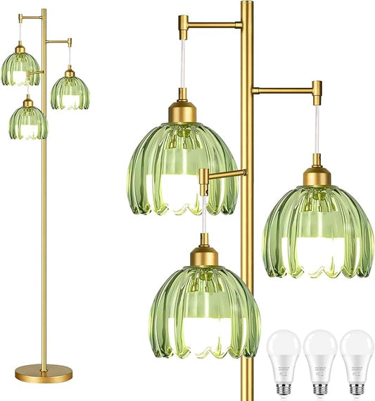 Glass Floor Lamp for Living Room,Bedroom,Gold Mid Century Modern Standing Lamp Brass Tree 3 Light Tall Floor Lamps Vintage Retro Floor Lights Green Flower Lamp Shade Farmhouse Boho Bohemian