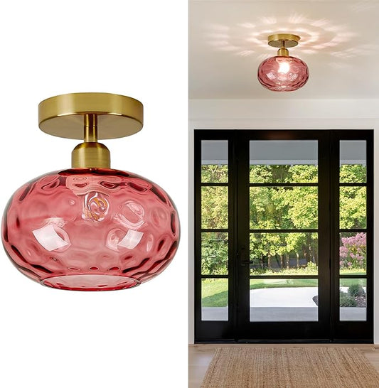 Red Glass Semi Flush Mount Ceiling Light - 7.9 Inch Hammered Art Deco Glass Small Hallway Light fixtures, Vintage Gold Flush Mount Ceiling Light for entryway Foyer Laundry Room Kitchen