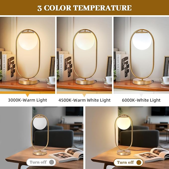 NKU Mid-Century Modern Glass Globe Table Lamp with LED - Luxury Bedside Night Light for Bedroom, Boho Vintage Style for Farmhouse & Office Desk