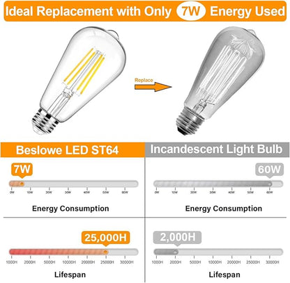 12Packs ST64 Large Vintage LED Edison Bulbs, 60W Equivalent 7W, 800Lumens, Dimmable Antique LED Filament, 3000K Warm White, E26 Medium Base Light Bulbs High Brightness Clear Glass for Bedroom Office