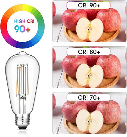 Vintage LED Edison Bulbs 6W, Equivalent 60W Incandescent, Warm White 2700K, ST58 Antique LED Filament Bulbs with 90+ CRI, E26 Medium Base,Dimmable, Clear Glass, Pack of 6