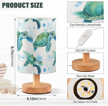 Bedside Lamp Sea Turtles Teal Table Lamp for Bedroom LED Nightstand Lamp Shade USB Ports Wood Base for Living Room Dorm Office