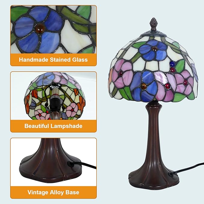 Tiffany Lamp Morning Glossy Stained Glass Table Lamp 8x8x15 Inches Flower Style Desk Reading Light Decor for Beside Bedroom Living Room Home Office