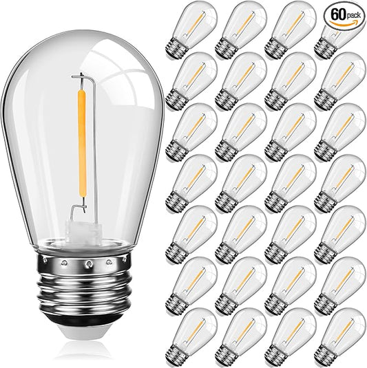 Mudder 60 Pack Light Bulbs 1w Replacement LED Light Bulbs S14 Shatterproof Waterproof String Lights Outdoor Indoor LED Lights Patio Bulb, E26 110v Regular Base(Warm White,60 Pack)