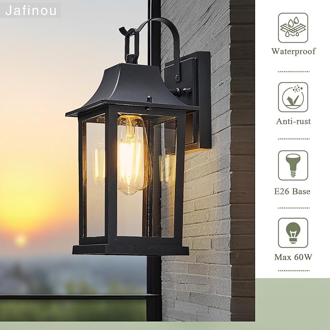 Outdoor Sconce Lights，Black 13 inch Outdoor Wall sconces，Aluminum & Tempered Glass Exterior Sconce，Waterproof Rustproof Porch Lighting for Front Door，Garage，Patio
