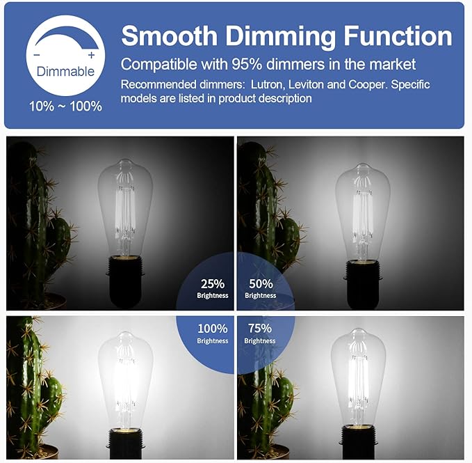 12Packs ST64 Large Vintage LED Edison Bulbs, 60W Equivalent 7W, 800Lumens, Dimmable Antique LED Filament, 5000K Cool White, E26 Medium Base Light Bulbs High Brightness Clear Glass for Bedroom Office