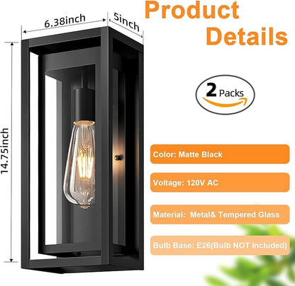15" Large Outdoor Wall Lights, 2 Pack Matte Black Outdoor Sconces, Modern Waterproof Exterior Lighting Fixtures with Clear Glass Shade for Front Door, Porch, Garage