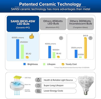 SANSI 45W 6000 Lumens Brightest LED Light Bulb, BR30 400W Equivalent 5000K Daylight E26 to E39, Super Bright Bulb Non-Dimmable, 22-Year Lifetime Energy Saving for Home Workshop